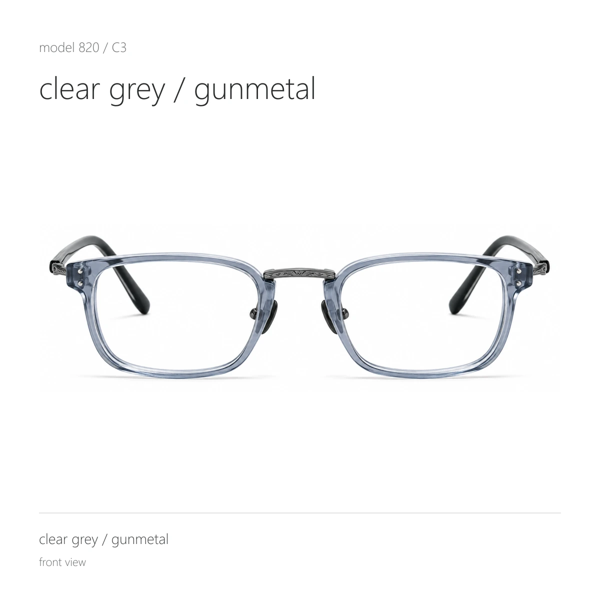 Model 820 in clear grey / gunmetal, front view